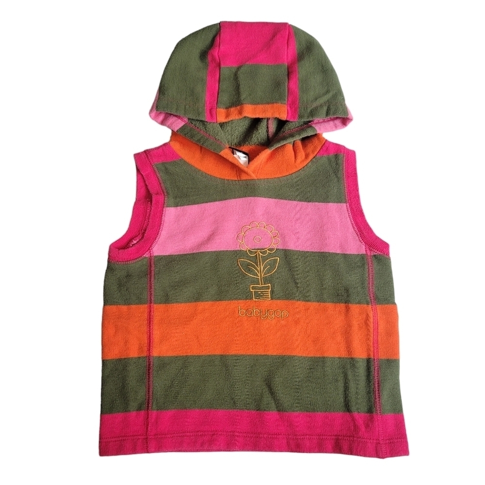 VTG Baby GAP 3T Y2K Striped Hooded Vest Pullover Green Pink‎ Orange